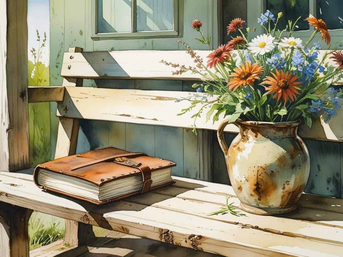watercolor image of a journal laying on an old bench with a vase of wild flowers beside it on a farmhouse porch