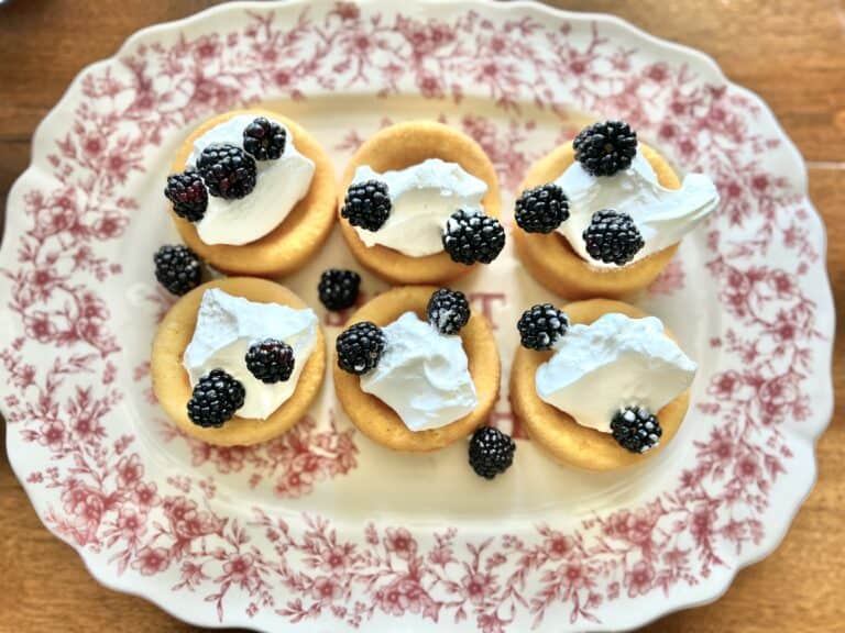 Mini_dessert_cups on a beautiful serving tray with homemade_whipped_cream and blackberries for a blackberry_dessert.