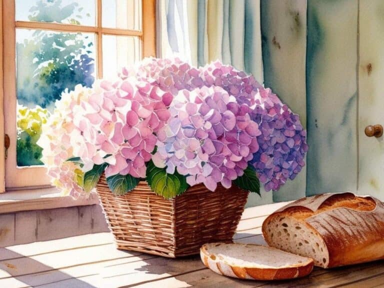 watercolor-painting-with-soft-colors-and-natural-lighting-of-a-rustic-dining-room-table-with-a-small-basket-of-hydrangeas-and-bread.