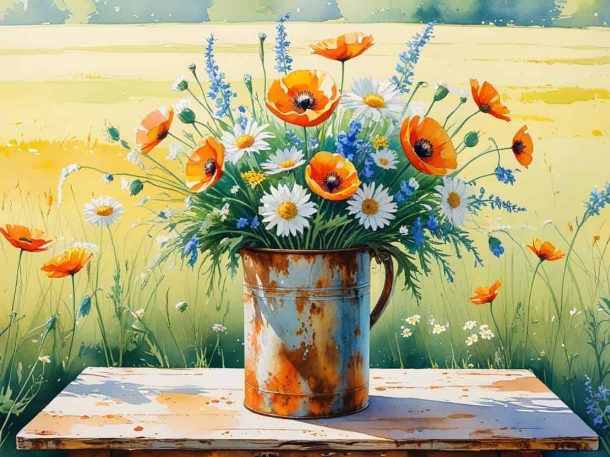 watercolor image of wildflowers in a rustic container on a farmhouse table in a field